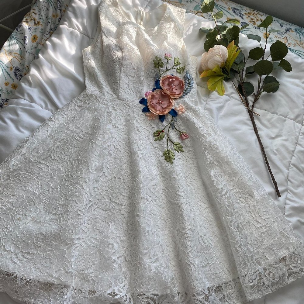 White Lace Dress With 3D Embossed Flowers